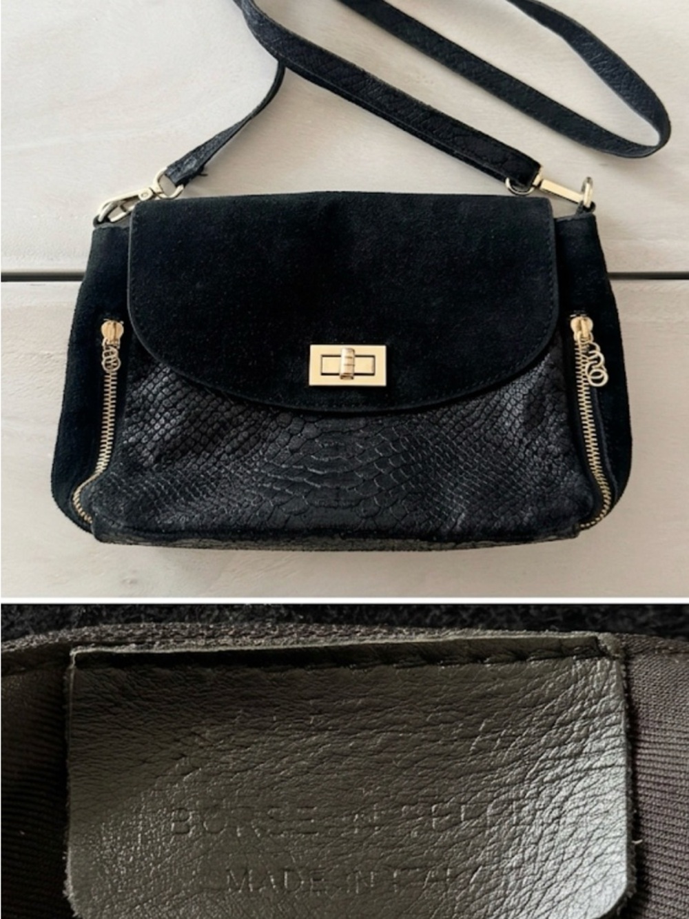 Borse in Pelle Italy Black Suede Crossbody Bag with Embossed Reptile and Gold Ha